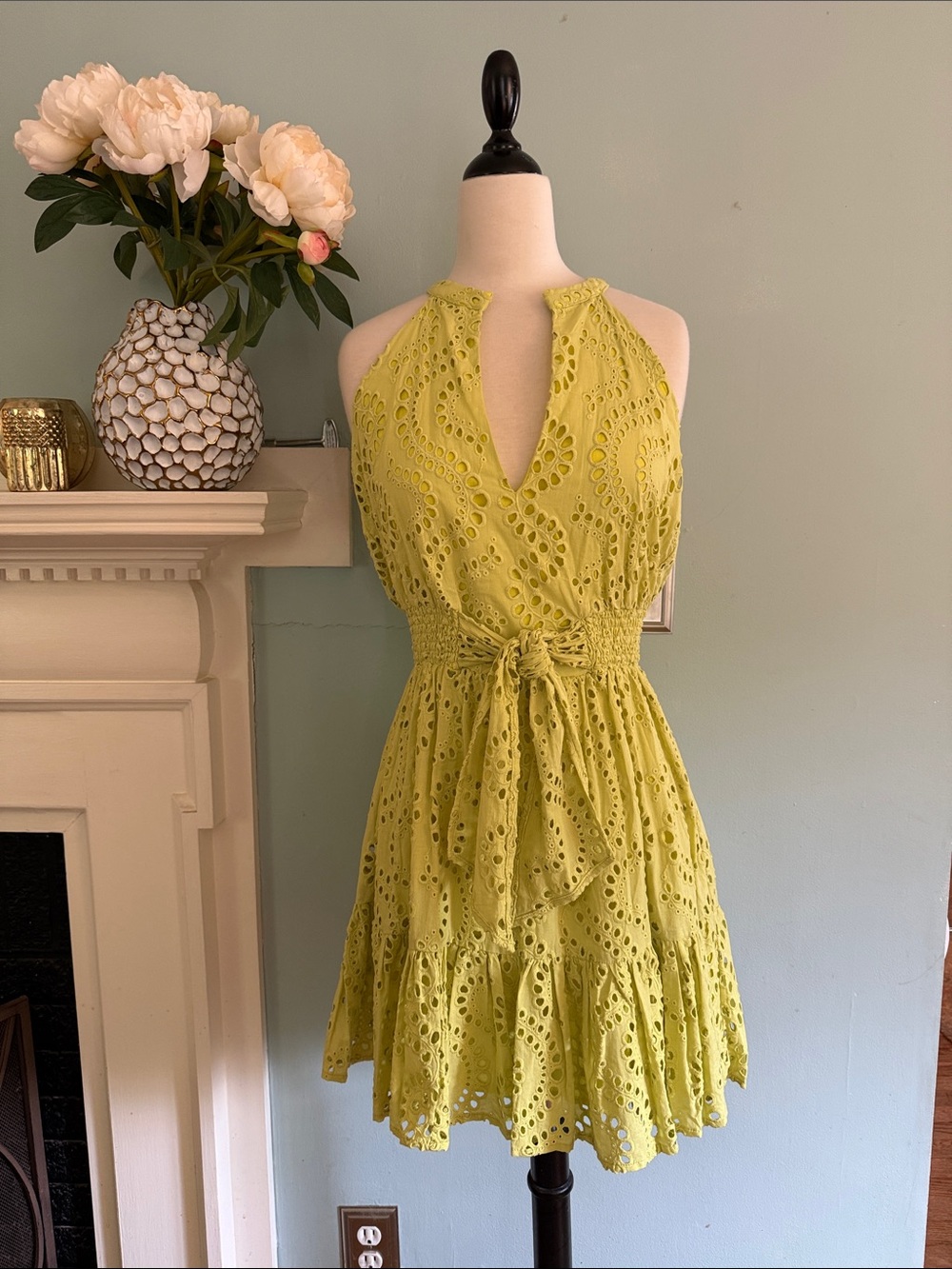 Central Park West Lime Eyelet Halter Tie-Waist Mini Dress - Size S - NWT